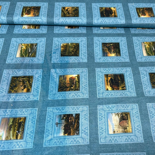 Vintage Farm Scene Patchwork Print Fabric – 100% Cotton | 45” Wide