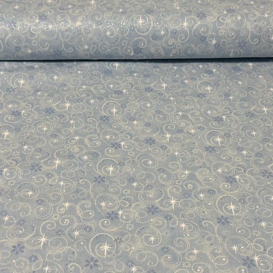Winter Star Swirl Print Fabric – Light Blue | 100% Cotton with Glitter| 45” Wide