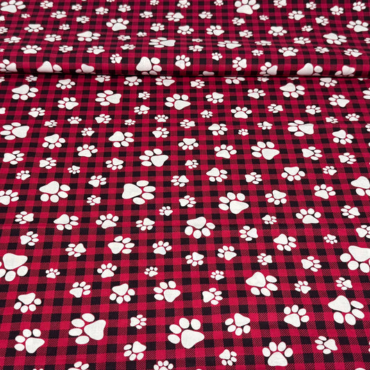 Buffalo Plaid Paw Print Fabric – 100% Cotton | 45” Wide