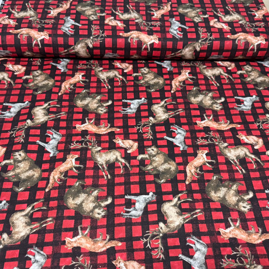Rustic Woodland Animals Plaid Print Fabric – 100% Cotton | 45” Wide