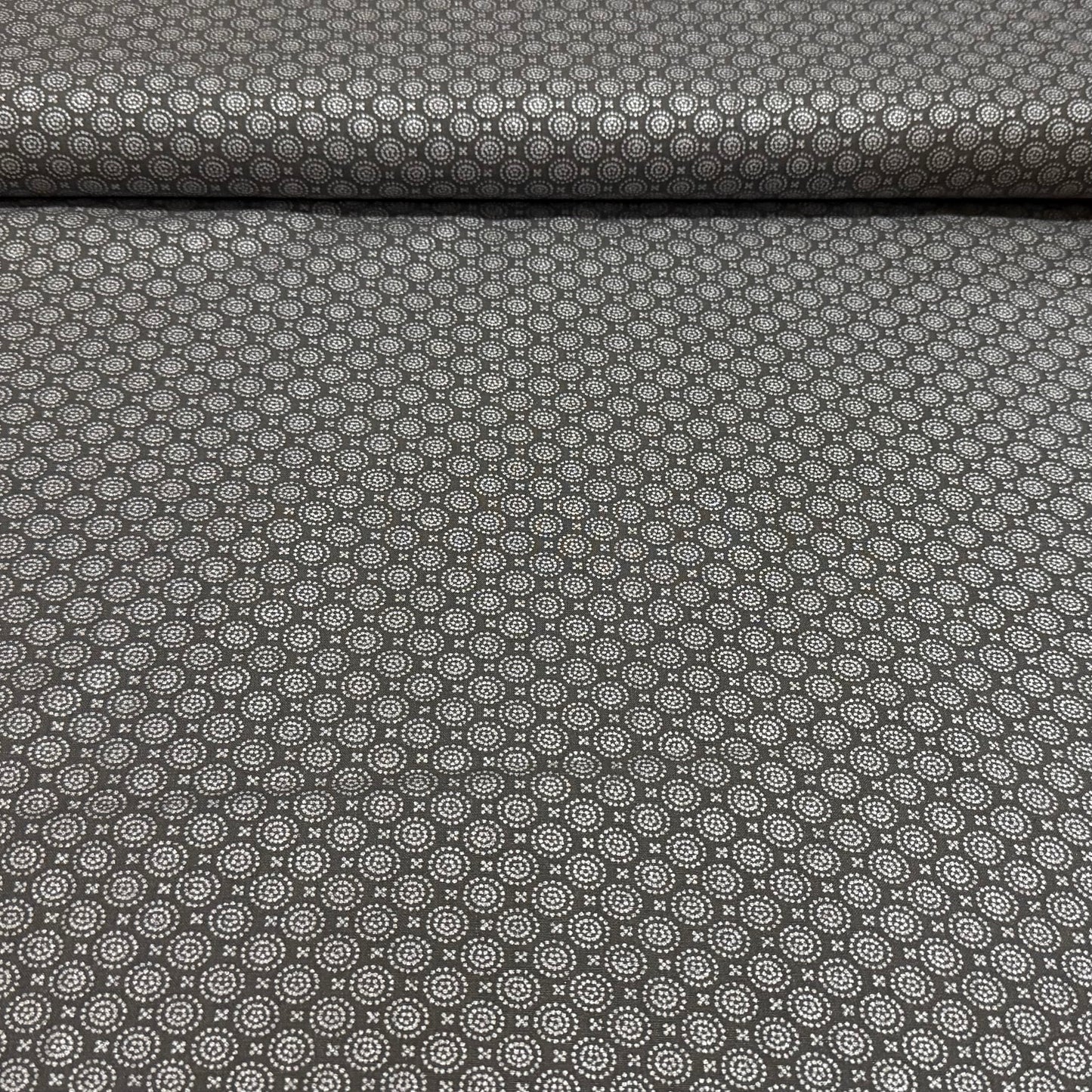 Metallic Graphite Dot Medallion Print Fabric – Grey & White | 100% Cotton | 45” Wide