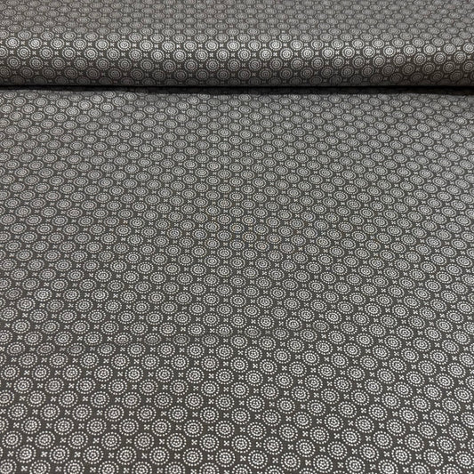 Metallic Graphite Dot Medallion Print Fabric – Grey & White | 100% Cotton | 45” Wide
