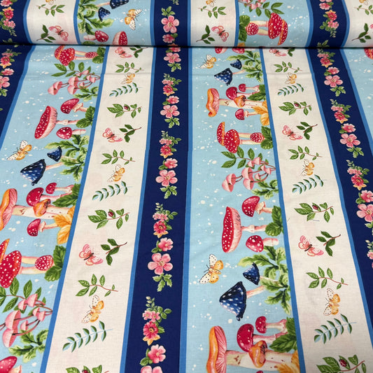 Enchanted Mushroom Stripe Quilting Fabric – Floral & Forest Theme | 100% Cotton | 45” Wide