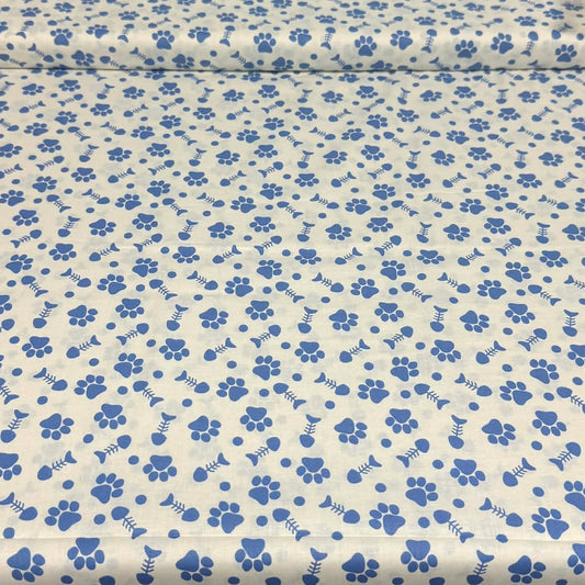Blue Paw Print & Fishbone Fabric – 100% Cotton | 45” Wide