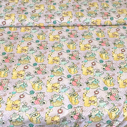 Playful Cats & Yarn on Lavender Print Fabric – 100% Cotton | 45” Wide