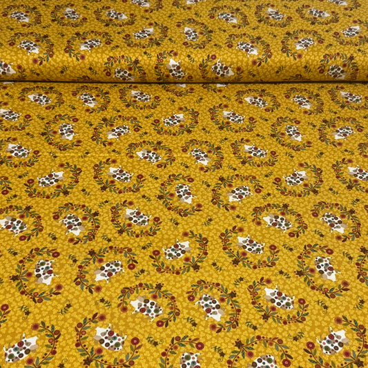 Rustic Mustard Chicken Floral Fabric – 100% Cotton | 45” Wide