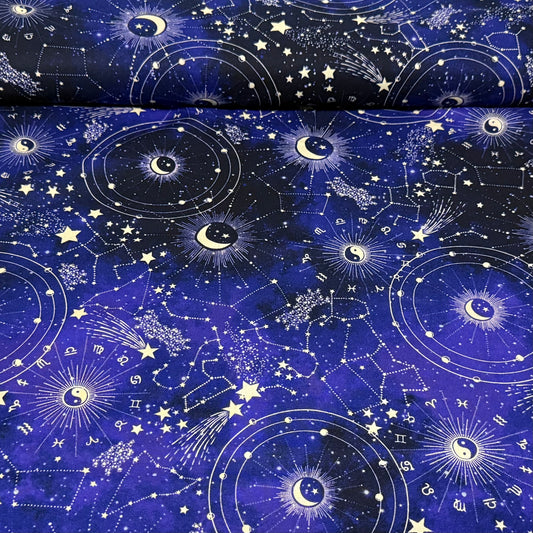 Celestial Zodiac Night Sky Print Fabric – 100% Cotton | 45” Wide