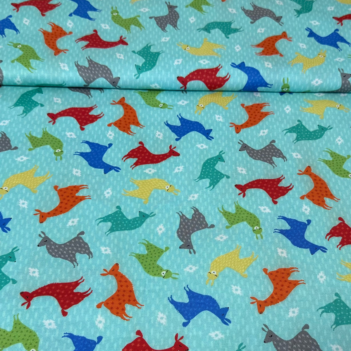 Rainbow Lamas on Aqua | 100% Cotton | 45” Wide