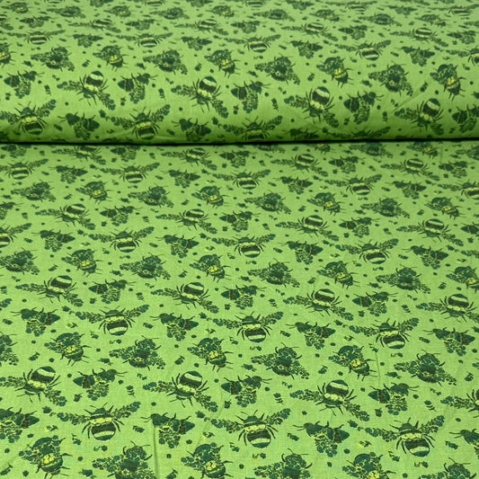 Honey Bee Garden Print Fabric – Green | 100% Cotton | 45” Wide