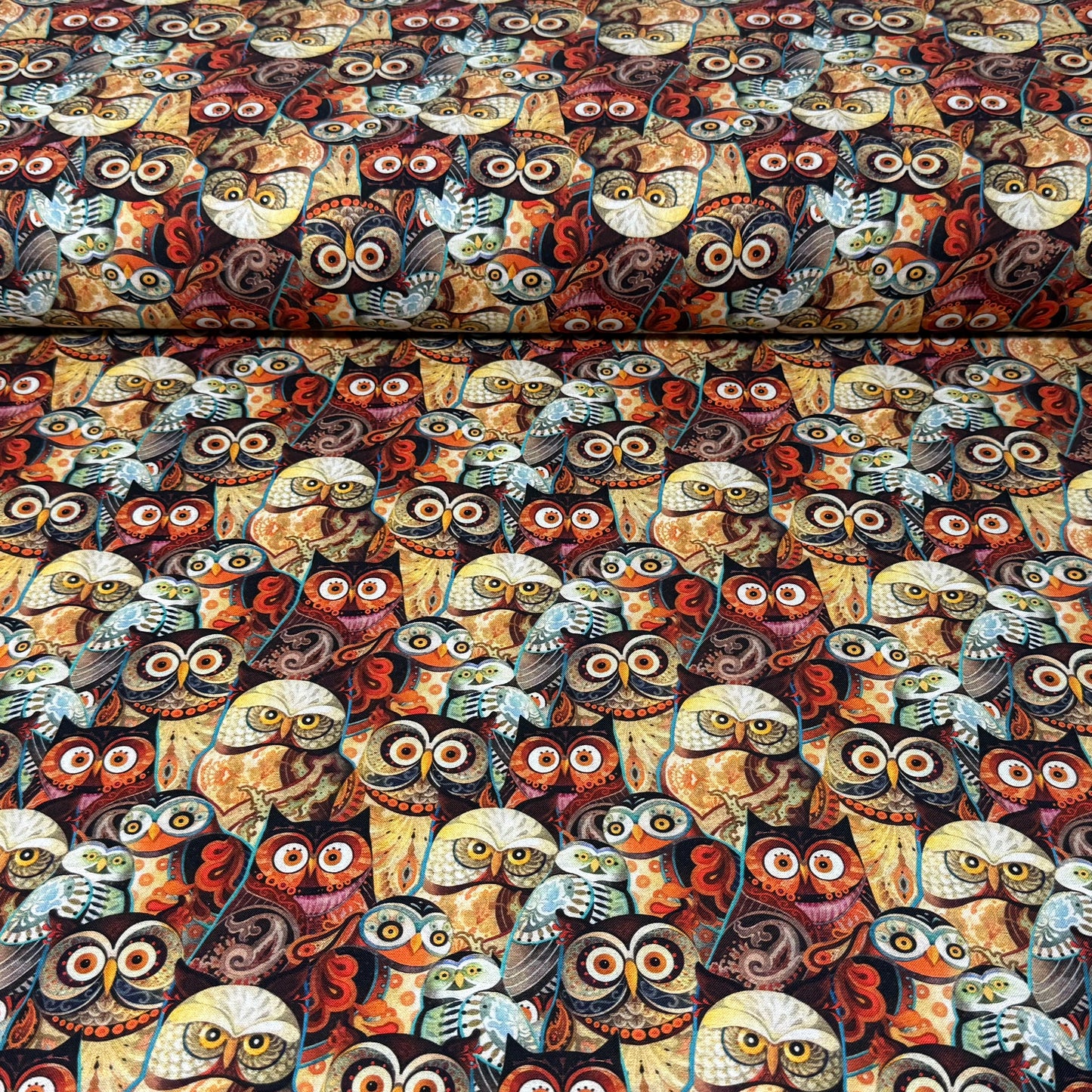 Colorful Owl Collage Print Fabric – 100% Cotton | 45” Wide