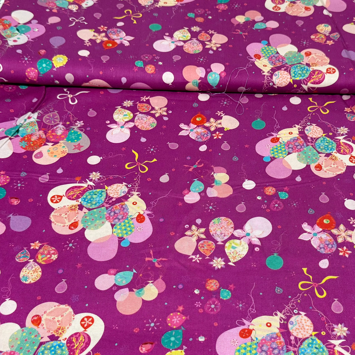 Colourful Party Balloons on Purple | 100% Cotton Fabric | 45” Wide