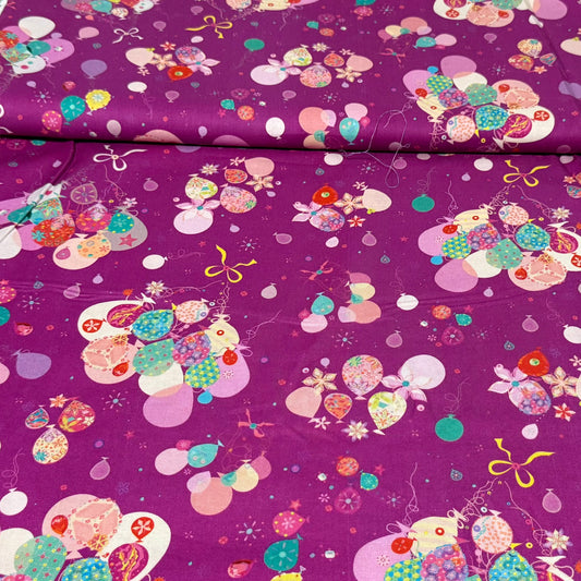 Colourful Party Balloons on Purple | 100% Cotton Fabric | 45” Wide