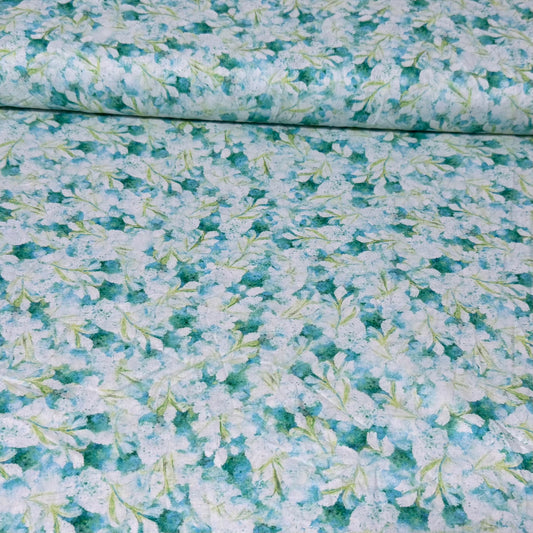 Aqua Blossom Mist Print Fabric - 100% Cotton | 45” Wide