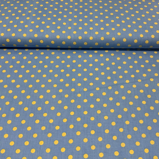 Blue with Yellow Dot Print Fabric on Black – 100% Cotton | 45” Wide