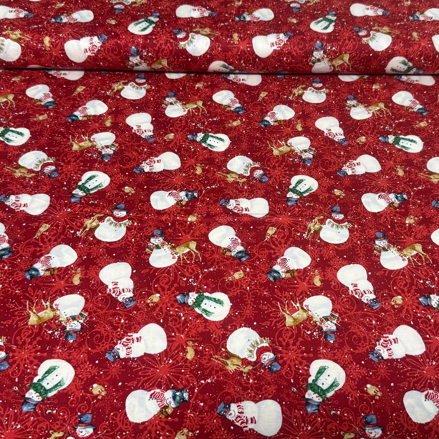 Festive Snowman Holiday Cotton Fabric – Red Multi | 45” Quilting Cotton