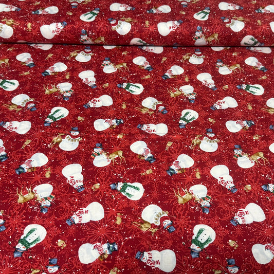 Festive Snowman Holiday Cotton Fabric – Red Multi | 45” Quilting Cotton