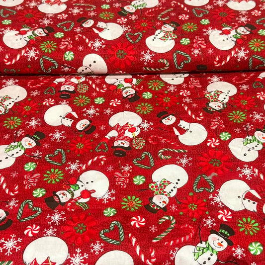 Snowman Candy Cane Christmas Print Fabric – 100% Cotton | 45” Wide
