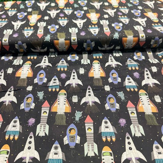 Retro Space Rockets – 100% Cotton Fabric | 45” Wide