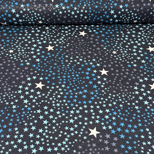 Blue Starburst Night Sky Print Fabric – With Glitter -100% Cotton | 45” Wide