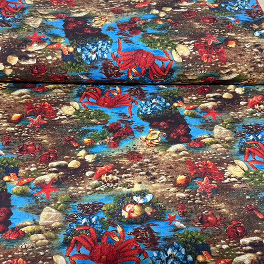 Coastal Crab Shoreline Print Fabric – 100% Cotton | 45” Wide