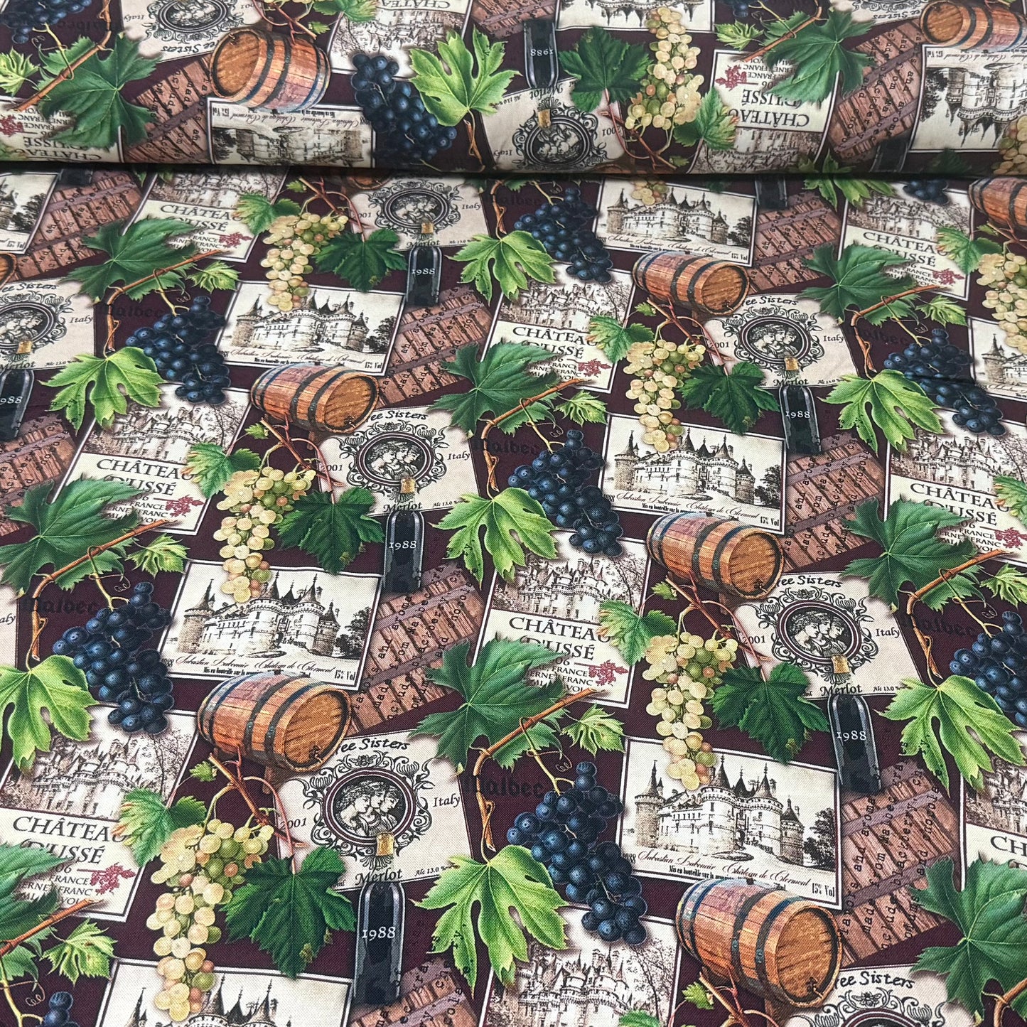 Vintage Vineyard Wine & Grapes Cotton Fabric – Burgundy Multi | 45” Quilting Cotton