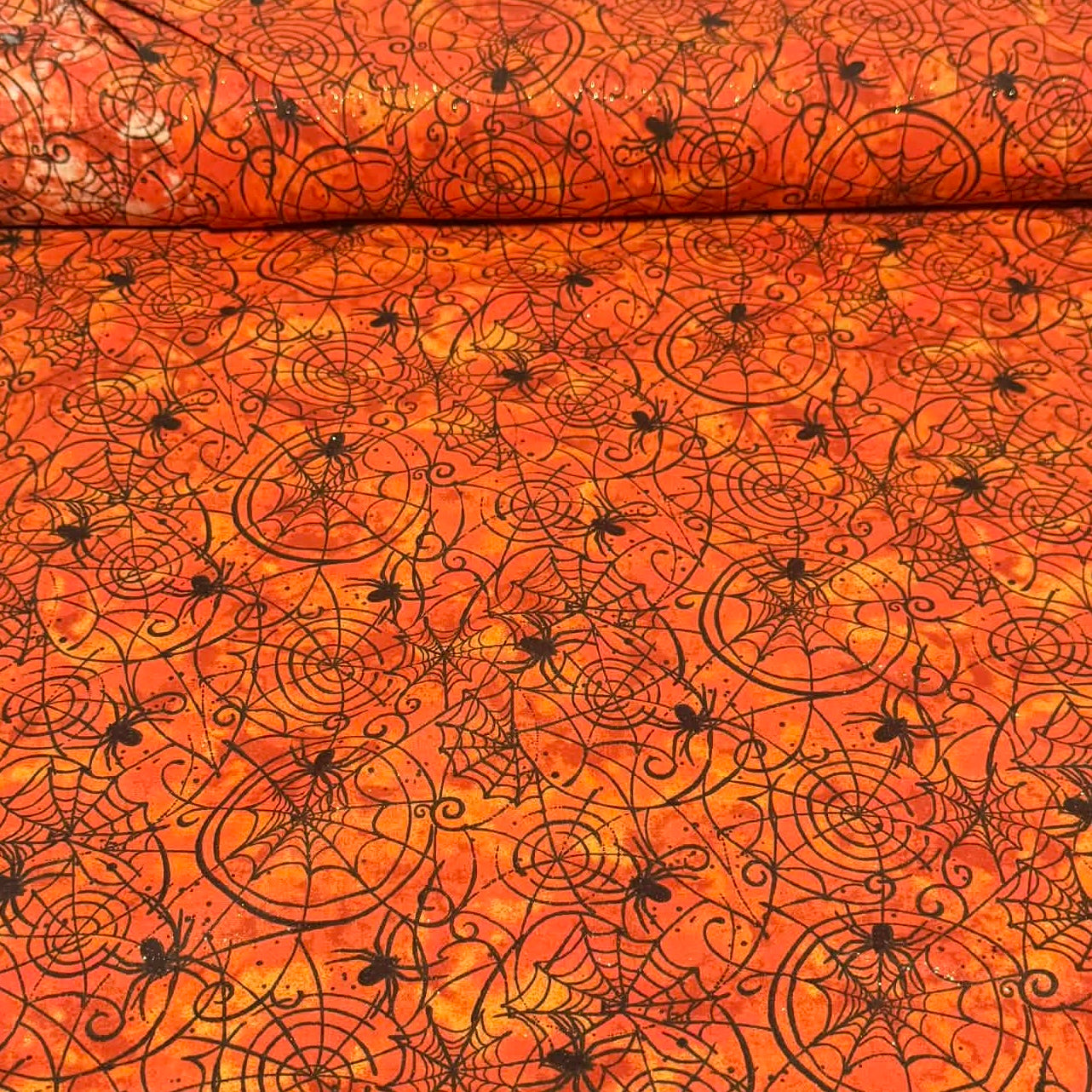 Halloween Spider Web & Spider Print Fabric – 100% Cotton with Glitter | 45” Wide