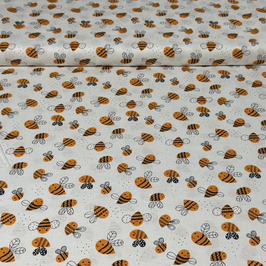 Happy Bees Print Fabric – White | 100% Cotton | 45” Wide