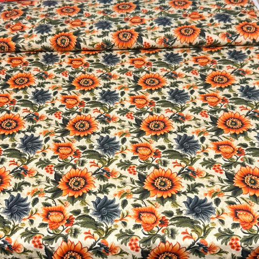 Autumn Sunflower Garden Print Fabric – 100% Cotton | 45” Wide