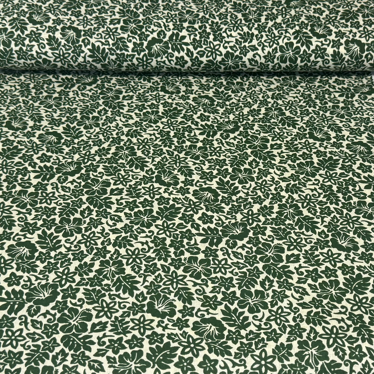 Dark Green Floral Garden on Cream Print Fabric – 100% Cotton | 45” Wide