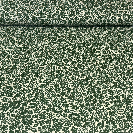 Dark Green Floral Garden on Cream Print Fabric – 100% Cotton | 45” Wide