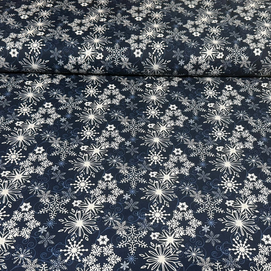Elegant Navy Winter Snowflake Fabric – 100% Cotton | 45” Wide