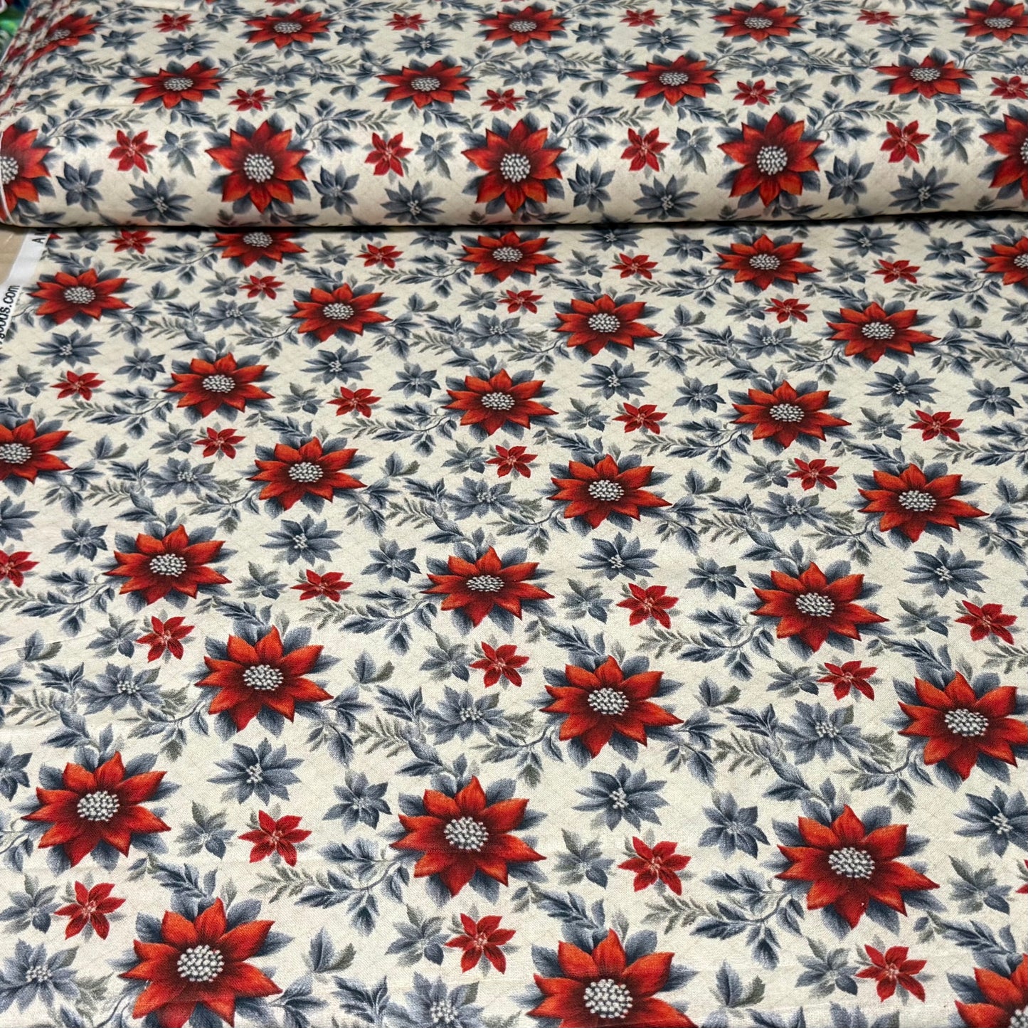 Holiday Poinsettia Floral Print Fabric | 100% Cotton | 45” Wide