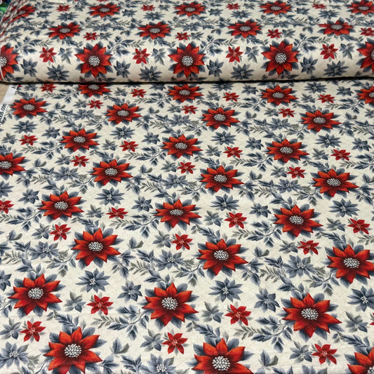 Holiday Poinsettia Floral Print Fabric | 100% Cotton | 45” Wide