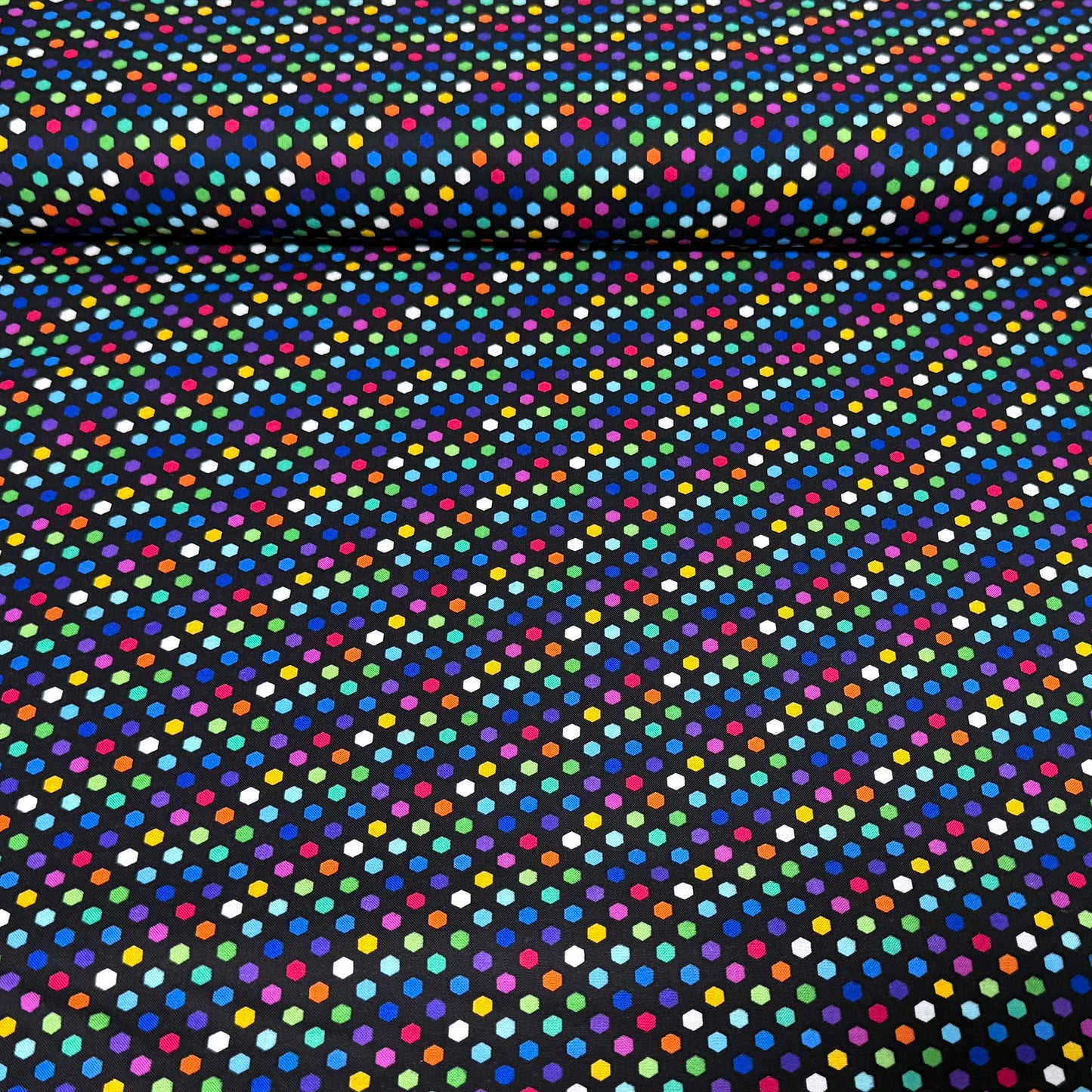 Midnight Confetti Hexagon Quilting Fabric – Multicolor on Black | 100% Cotton | 45” Wide
