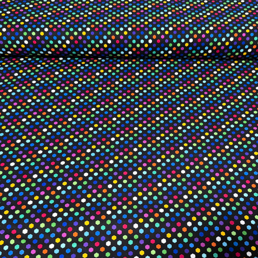 Midnight Confetti Hexagon Quilting Fabric – Multicolor on Black | 100% Cotton | 45” Wide