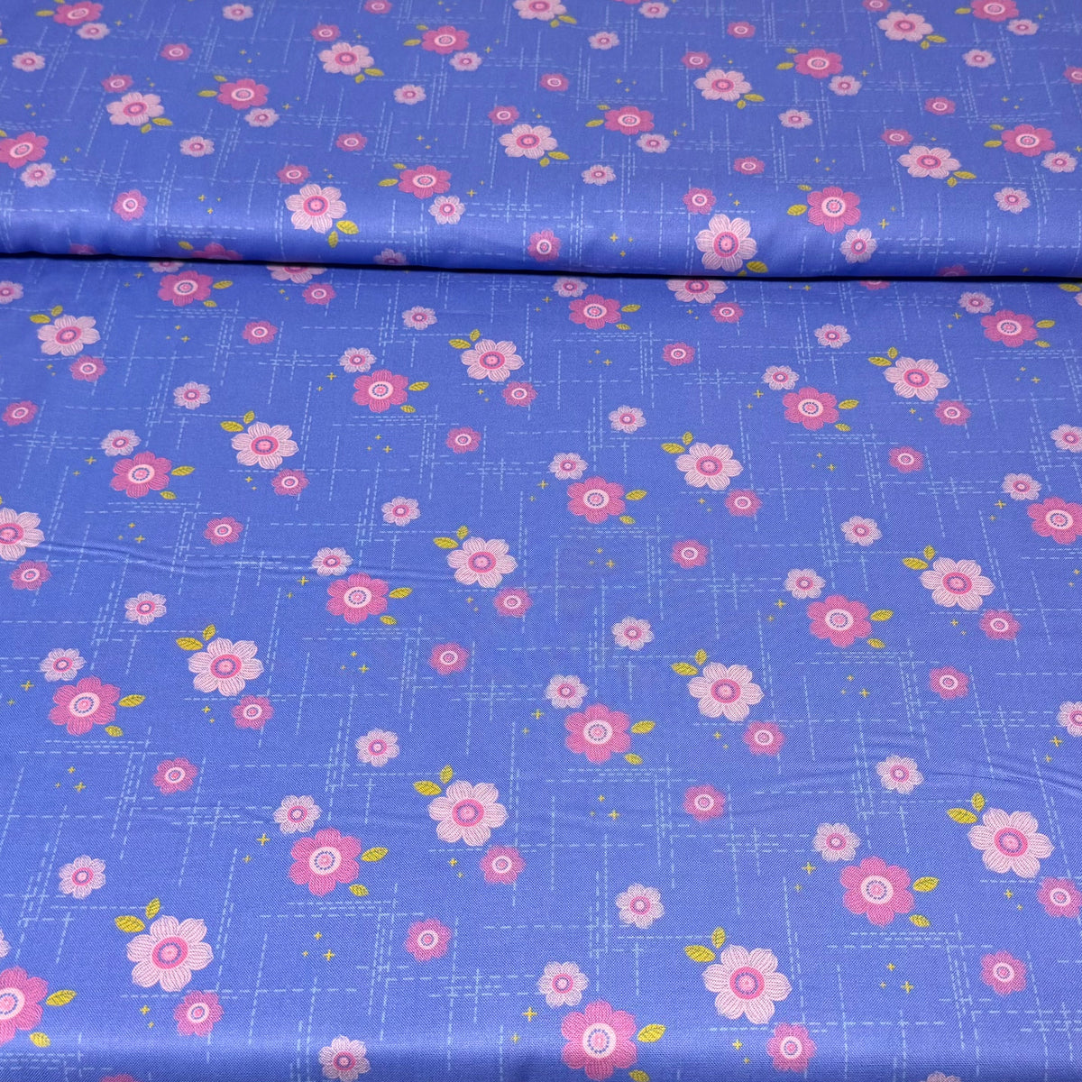 Pink Daisies on Periwinkle Blue | 100% Cotton Fabric | 45” Wide