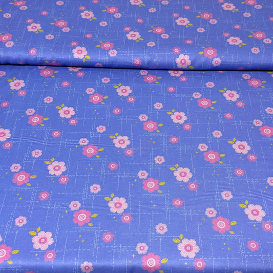 Pink Daisies on Periwinkle Blue | 100% Cotton Fabric | 45” Wide
