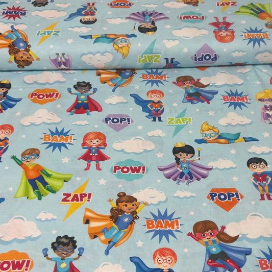 Super Kids Hero Adventure Cotton Fabric – Light Blue Multi | 45” Quilting Cotton
