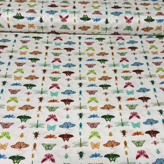 Colorful Butterfly & Insect Garden Print Fabric – 100% Cotton | 45” Wide