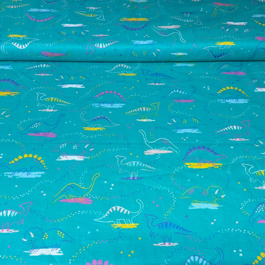 Colorful Dinosaurs on Turquoise Print Fabric – 100% Cotton | 45” Wide