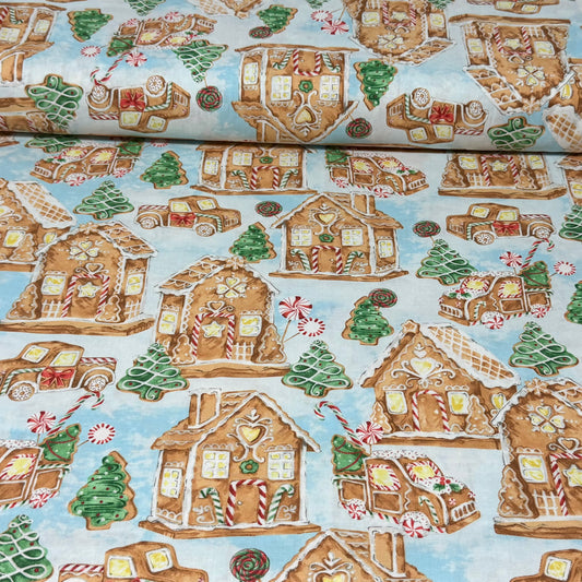 Gingerbread House Christmas Print Fabric – 100% Cotton | 45” Wide