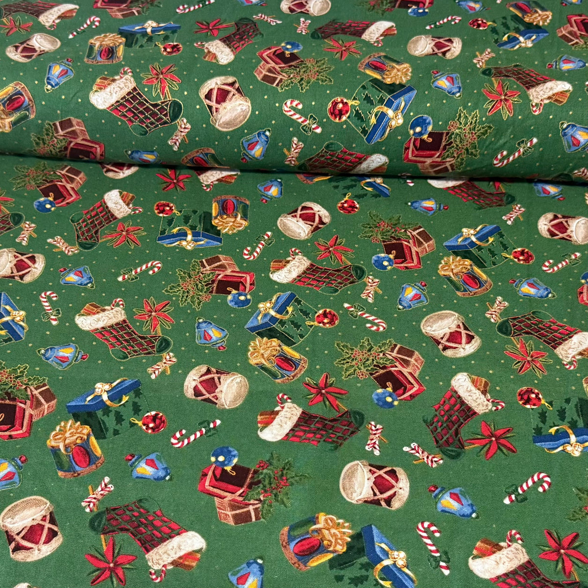 Traditional Christmas Gifts & Stockings on Green Print Fabric – 100% Cotton | 45” Wide