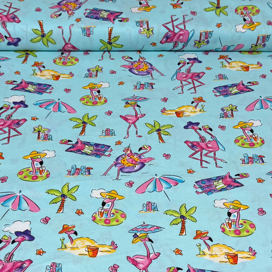 Tropical Flamingo Beach Print Fabric – 100% Cotton | 45” Wide