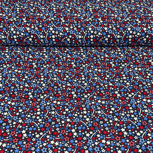 Patriotic Star Burst Cotton Fabric – Red, White & Blue Toss | 45” Quilting Cotton