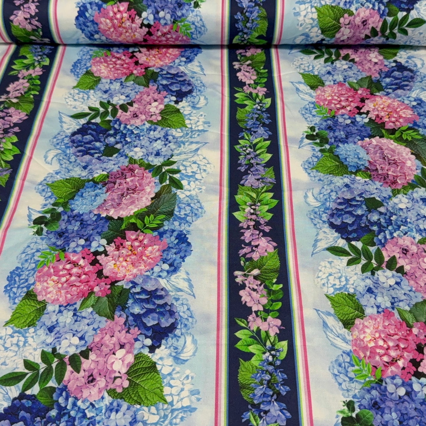Hydrangea Garden Stripe Print Fabric | 100% Cotton | 45” Wide