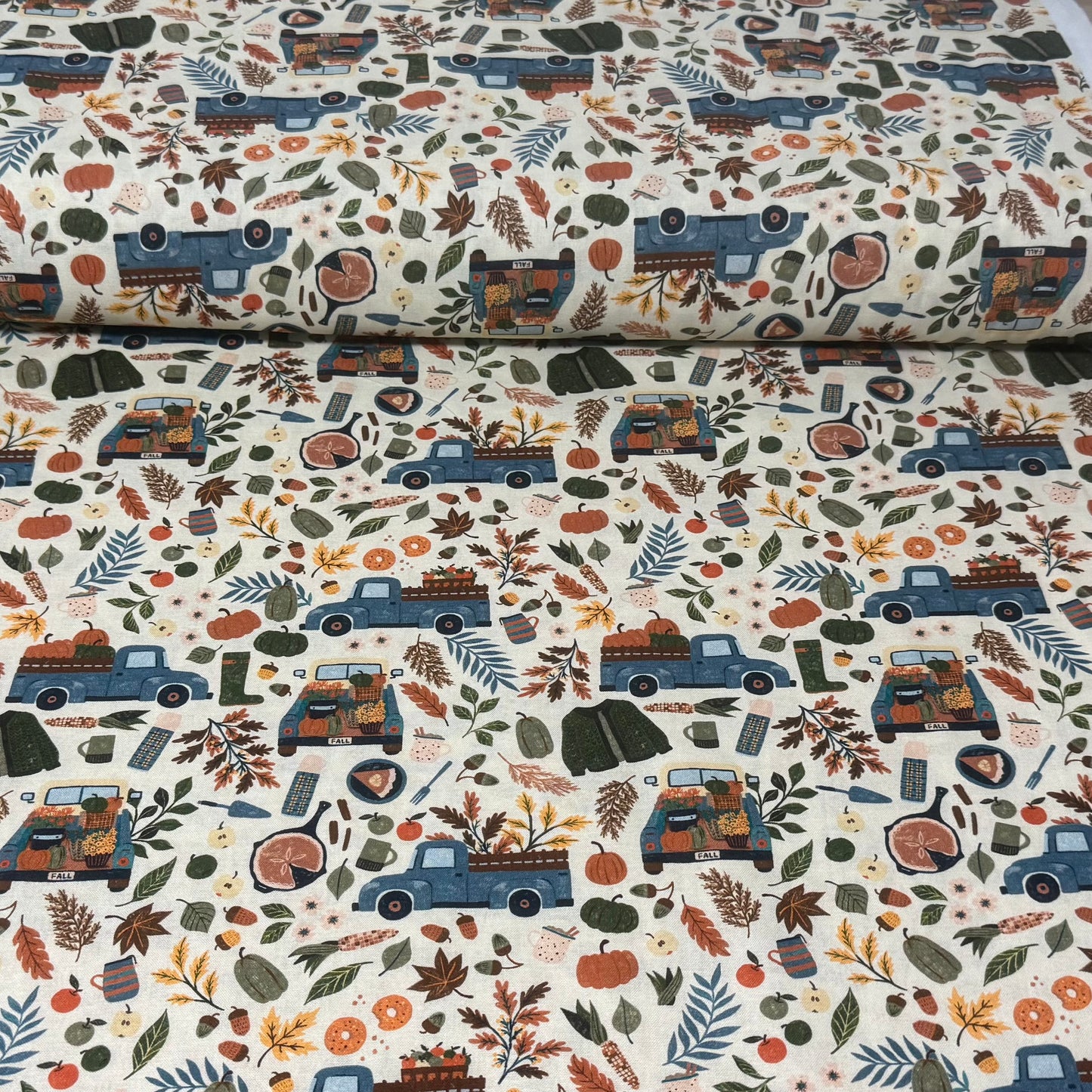 Autumn Harvest Pumpkin Truck Cotton Fabric – Cream Multi | 45” Quilting Cotton