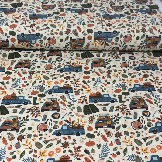 Autumn Harvest Pumpkin Truck Cotton Fabric – Cream Multi | 45” Quilting Cotton