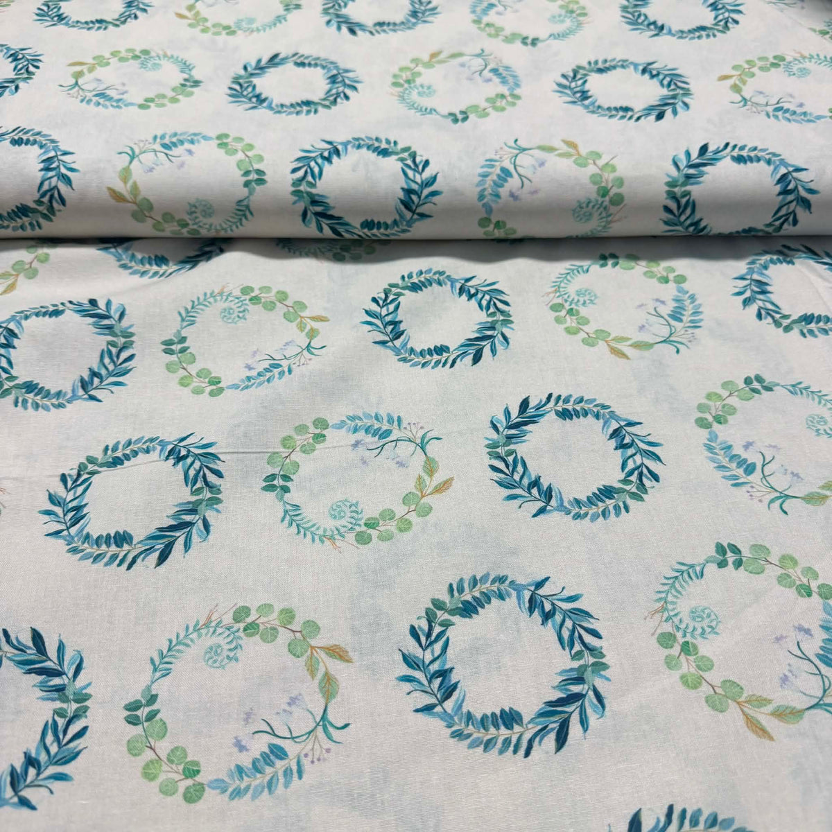 Botanical Wreath Print Fabric – Teal & Sage | 100% Cotton | 45” Wide