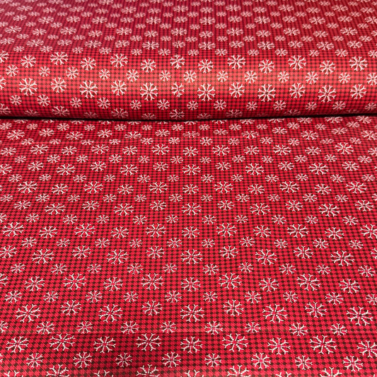 Red Snowflake Gingham Print Fabric - 100% Cotton | 45” Wide