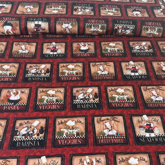 Tuscan Kitchen Chef Patchwork Cotton Fabric – Red Multi | 45” Quilting Cotton